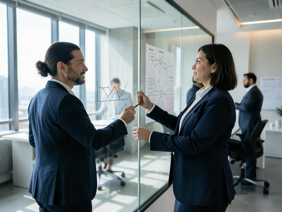 Two consultants mapping business processes on a glass wall in a modern office